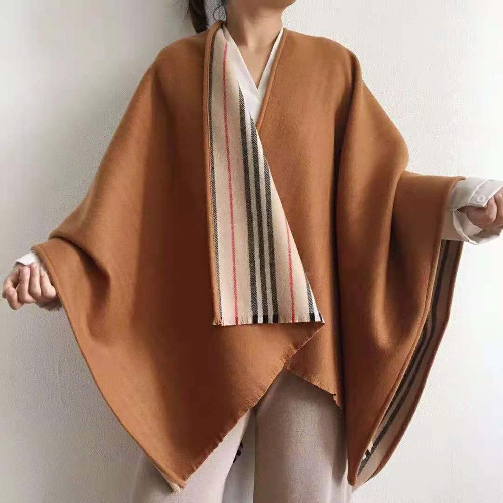 Burberry Women Lcon Stripe Detail Wool Cape-Brown - image 5