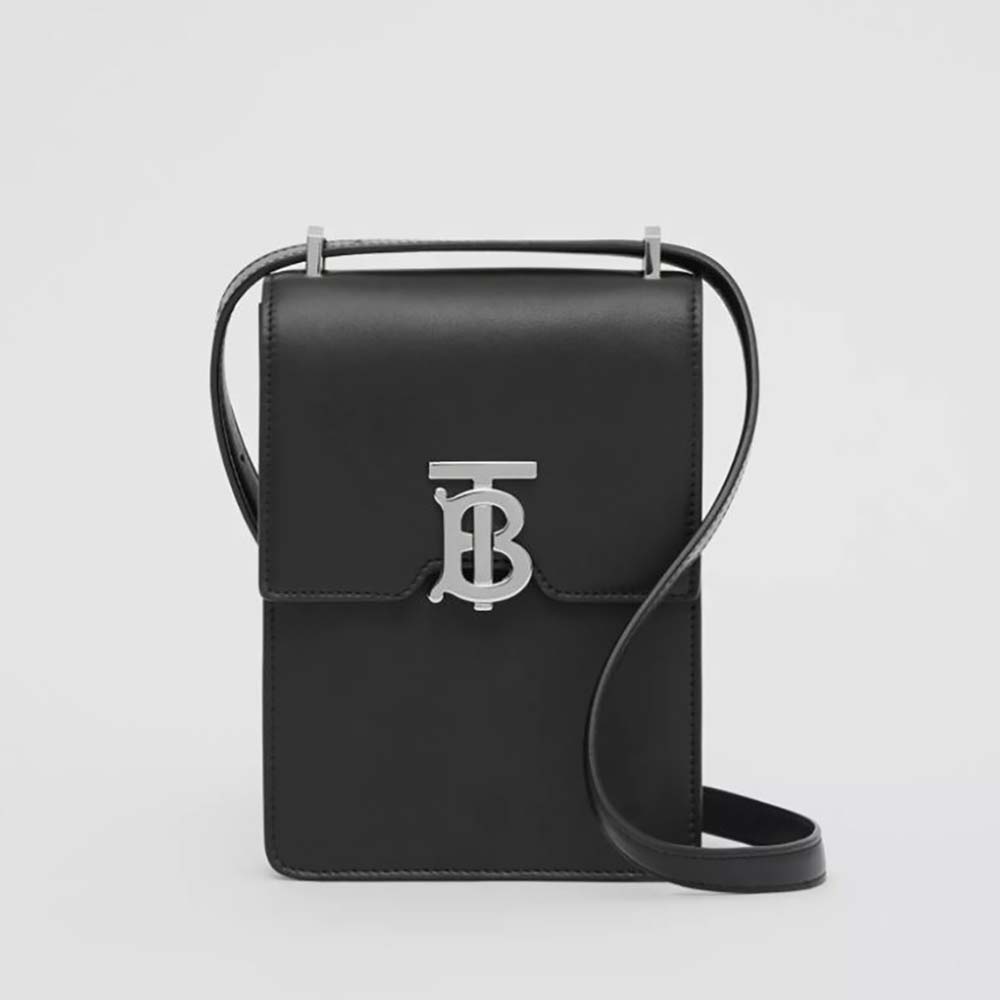 Front view of Burberry Women Leather Robin Bag-Black with clasp detail