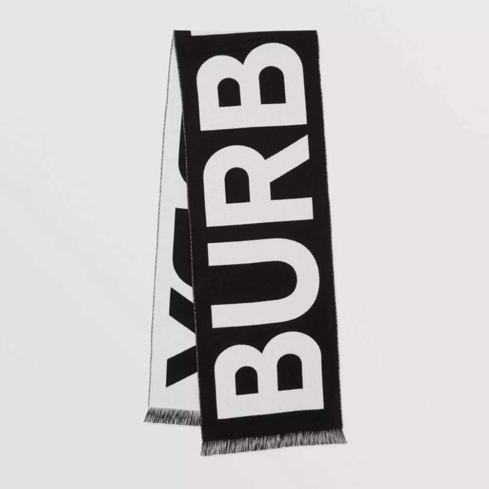 Front view of Burberry Women Logo Wool Jacquard Scarf-Black draped