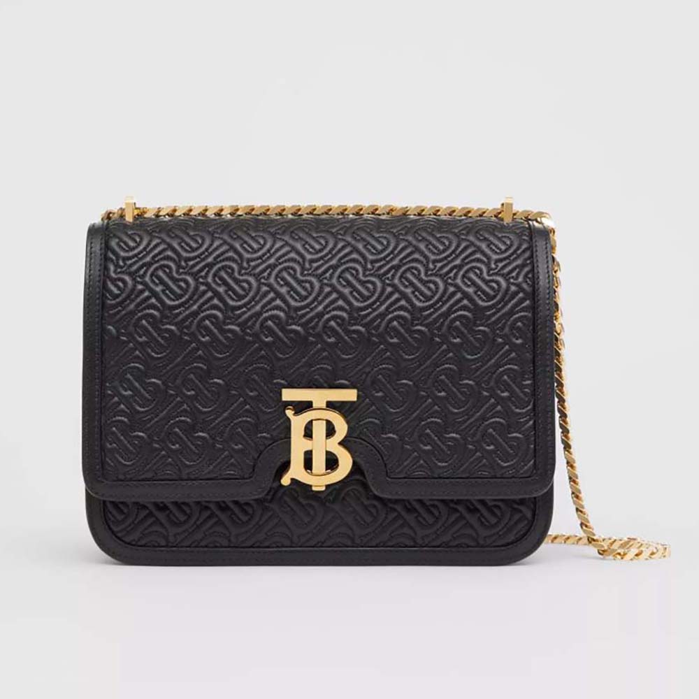 Front view of Burberry Women Medium Quilted Monogram Lambskin TB Bag-Black