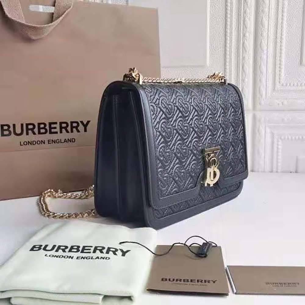 Side profile showing quilted lambskin texture of Burberry medium shoulder bag
