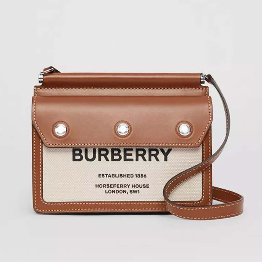 Front view of Burberry Women Mini Horseferry Print Title Bag in brown leather