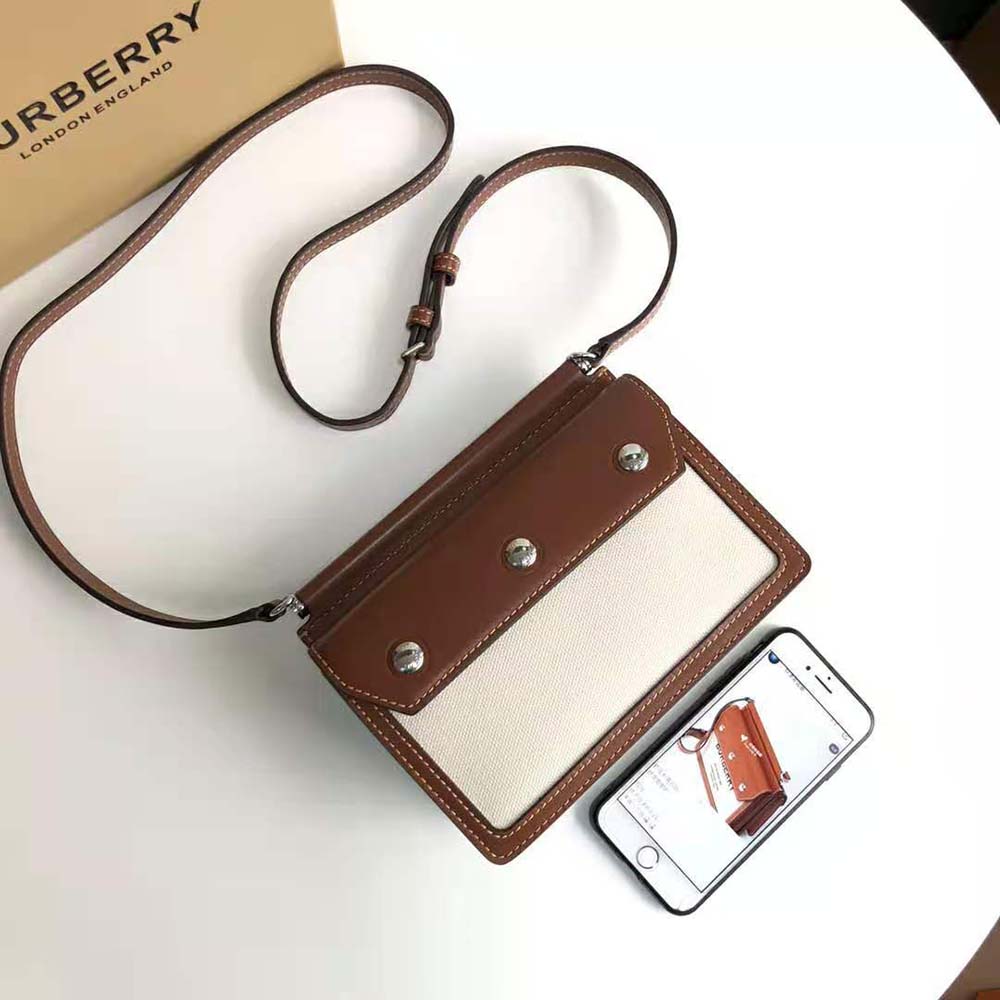 Side angle showing adjustable strap and gold hardware of Burberry Women Mini Horseferry Print Title Bag