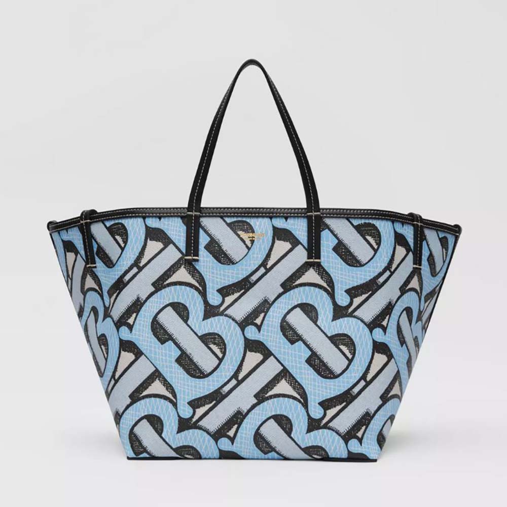 Front view of Burberry Women Mini Monogram Print E-canvas Beach Tote-Blue