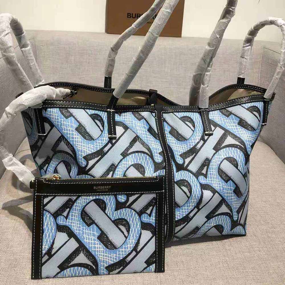 Burberry Women Mini Monogram Print E-canvas Beach Tote-Blue - image 4