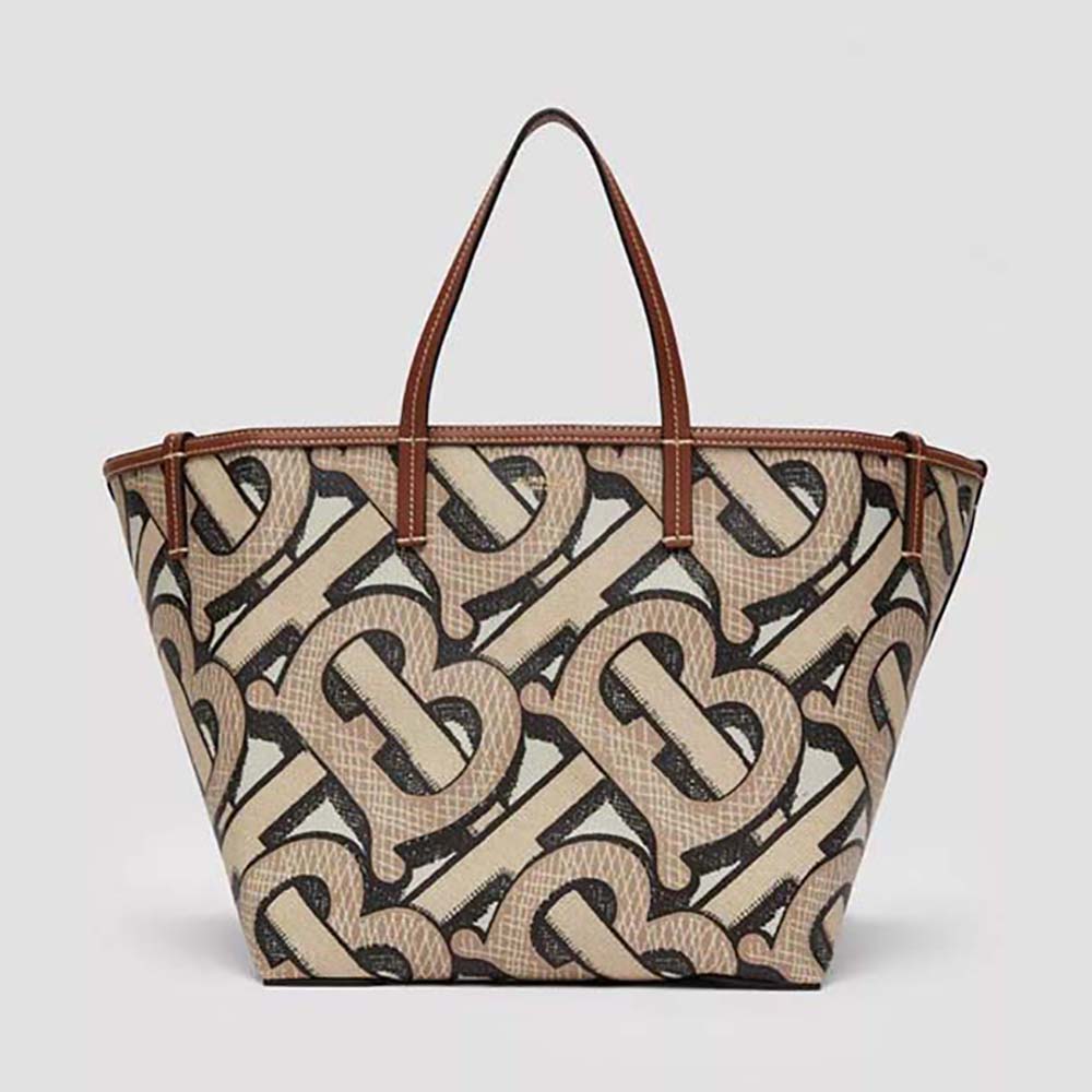 Front view of Burberry Women Mini Monogram Print E-canvas Beach Tote-Brown