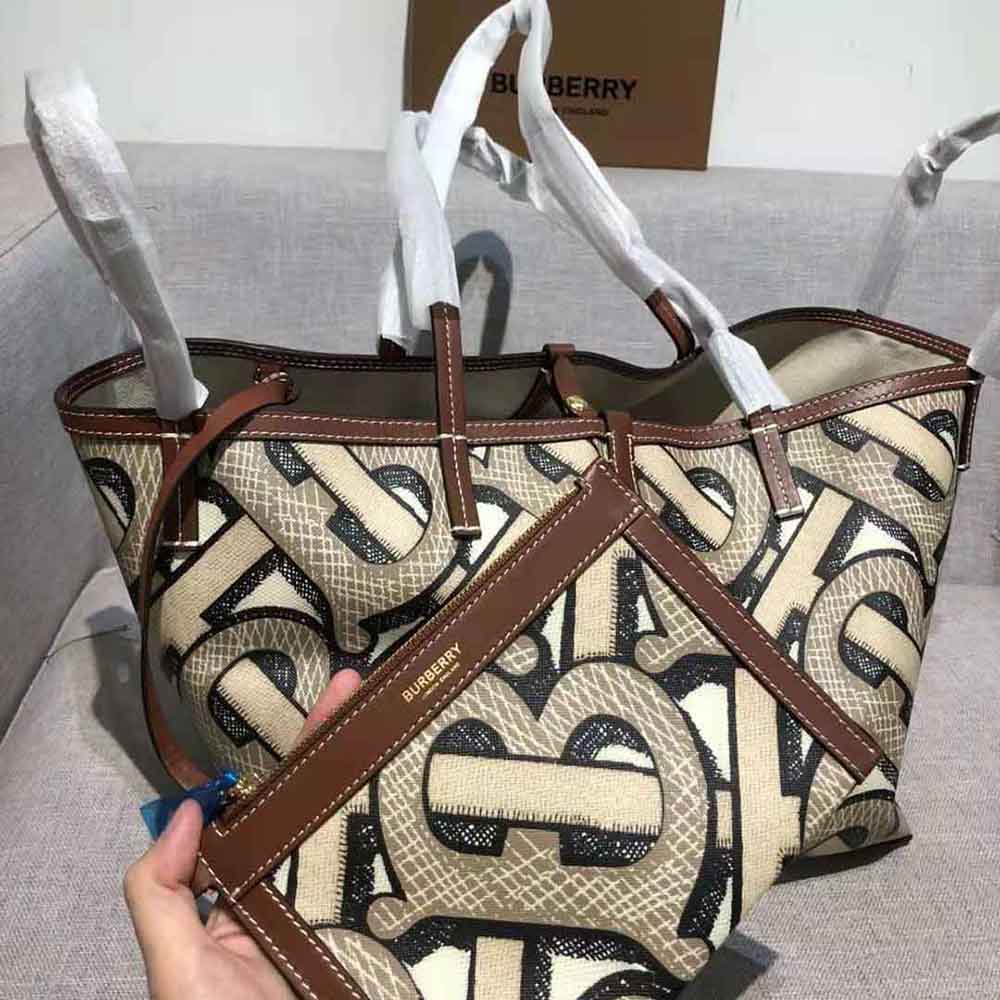 Burberry Women Mini Monogram Print E-canvas Beach Tote-Brown - image 5