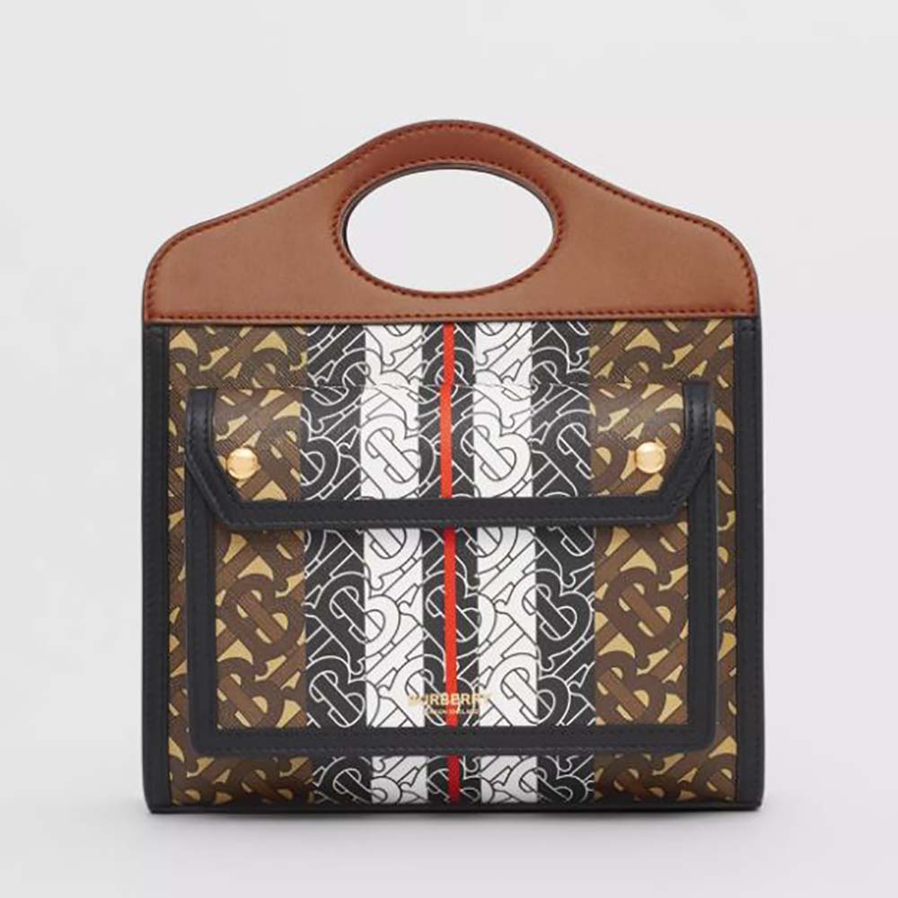 Front view of Burberry Women Mini Monogram Stripe E-canvas Pocket Bag in brown