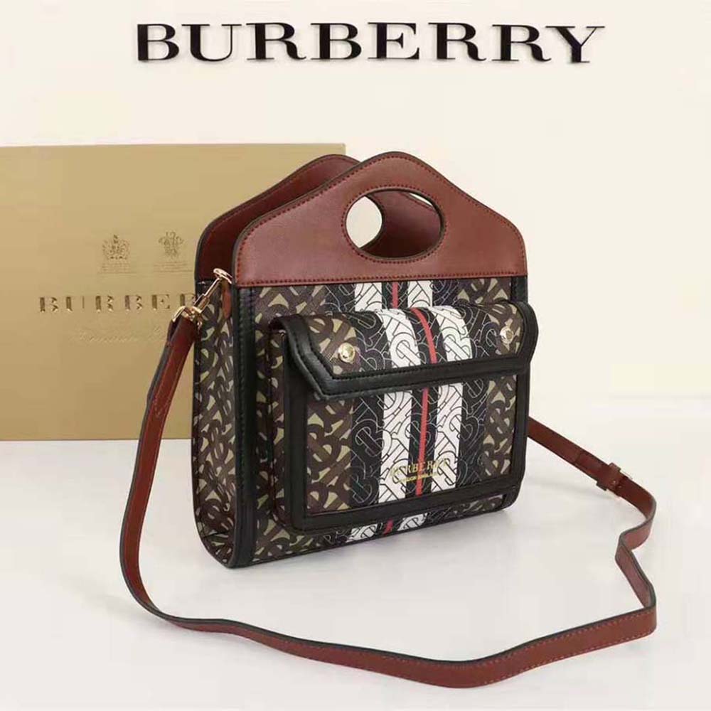 Side angle showing compact silhouette and stripe detail of Burberry Mini Pocket Bag