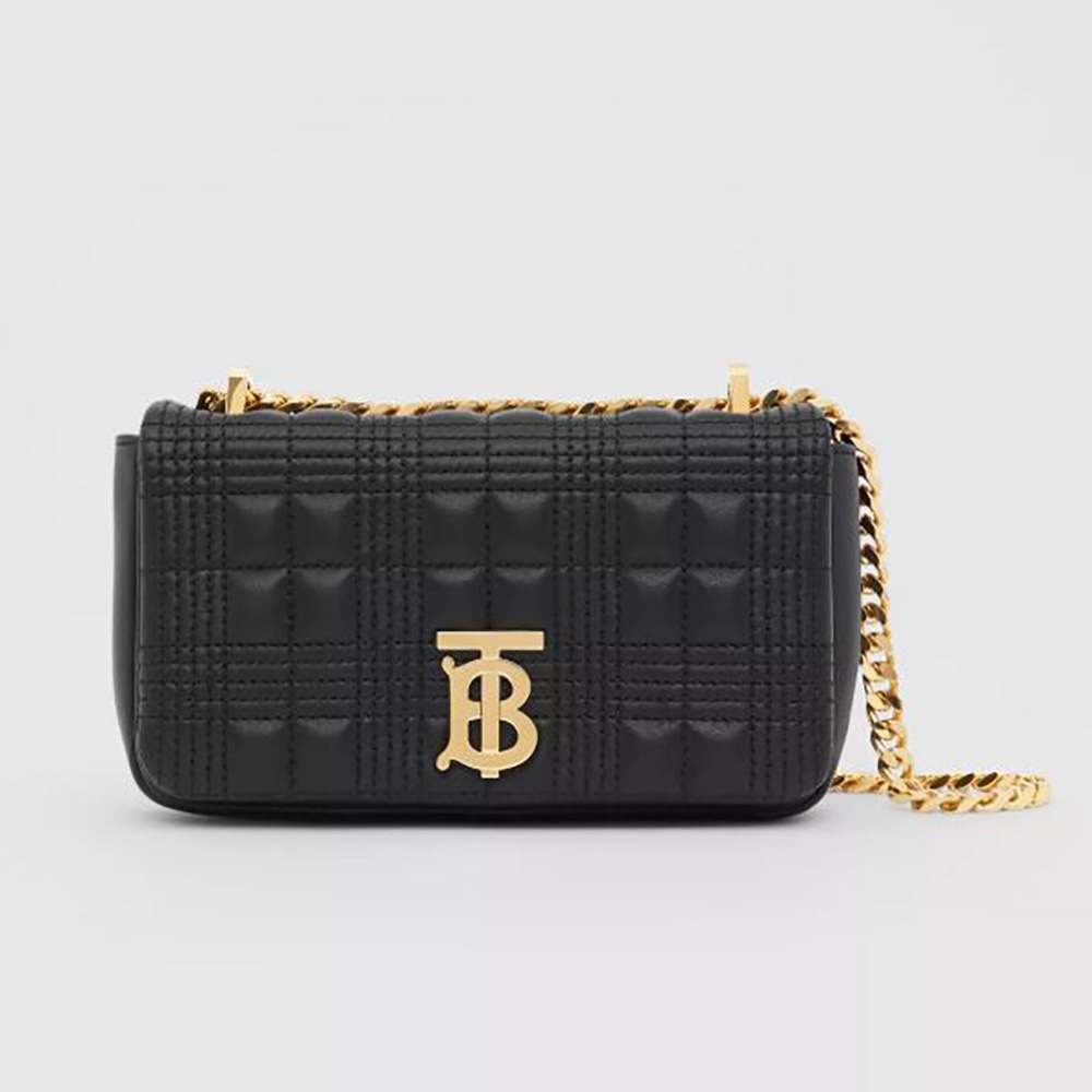 Front view of Burberry Women Mini Quilted Lambskin Lola Bag-Black with clasp