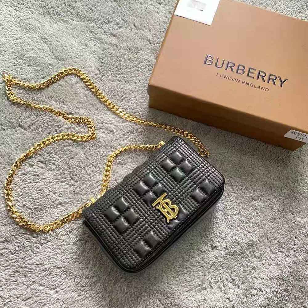Side profile showing compact silhouette of Burberry Women Mini Quilted Lambskin Lola Bag-Black