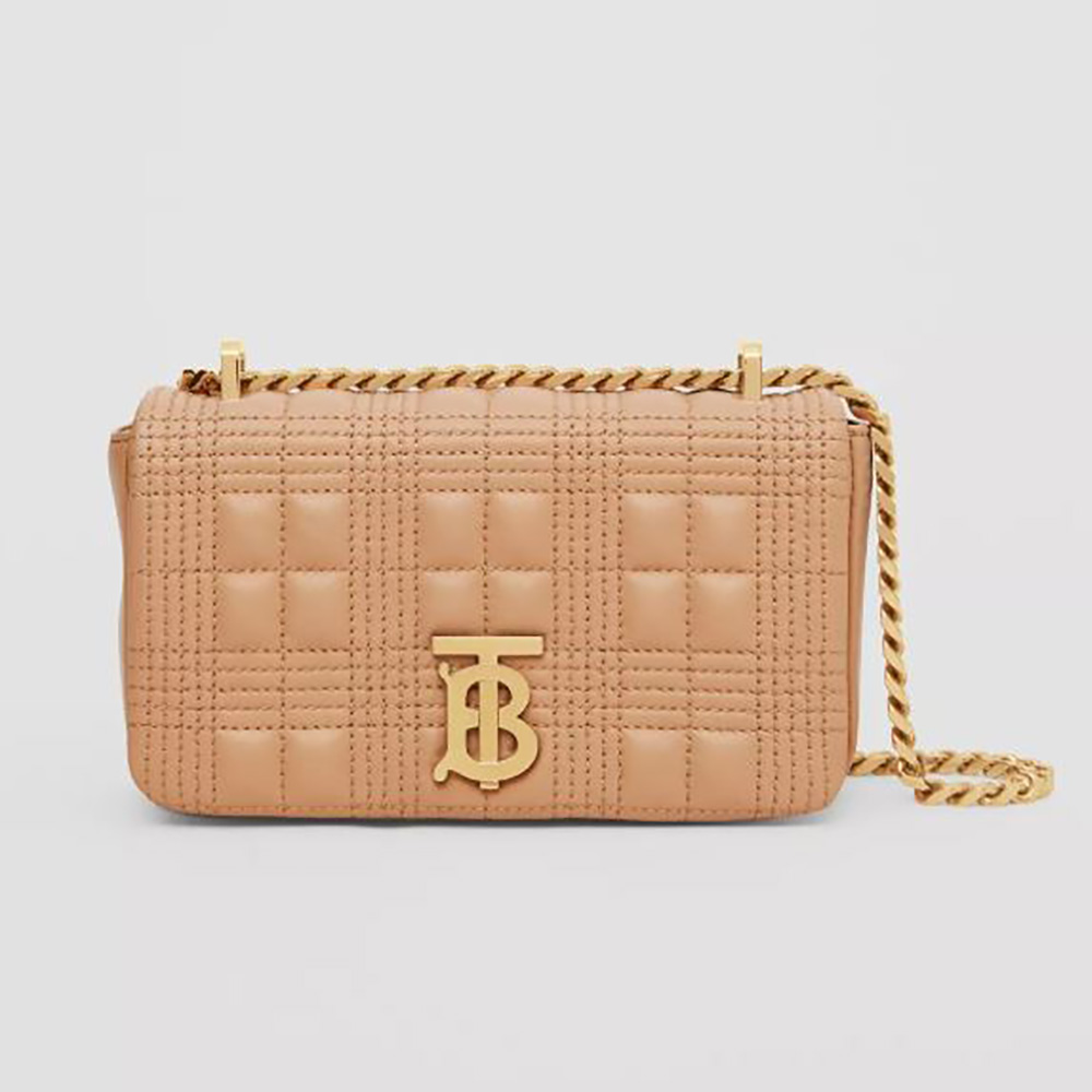 Front view of Burberry Women Mini Quilted Lambskin Lola Bag-Sandy showcasing quilted design