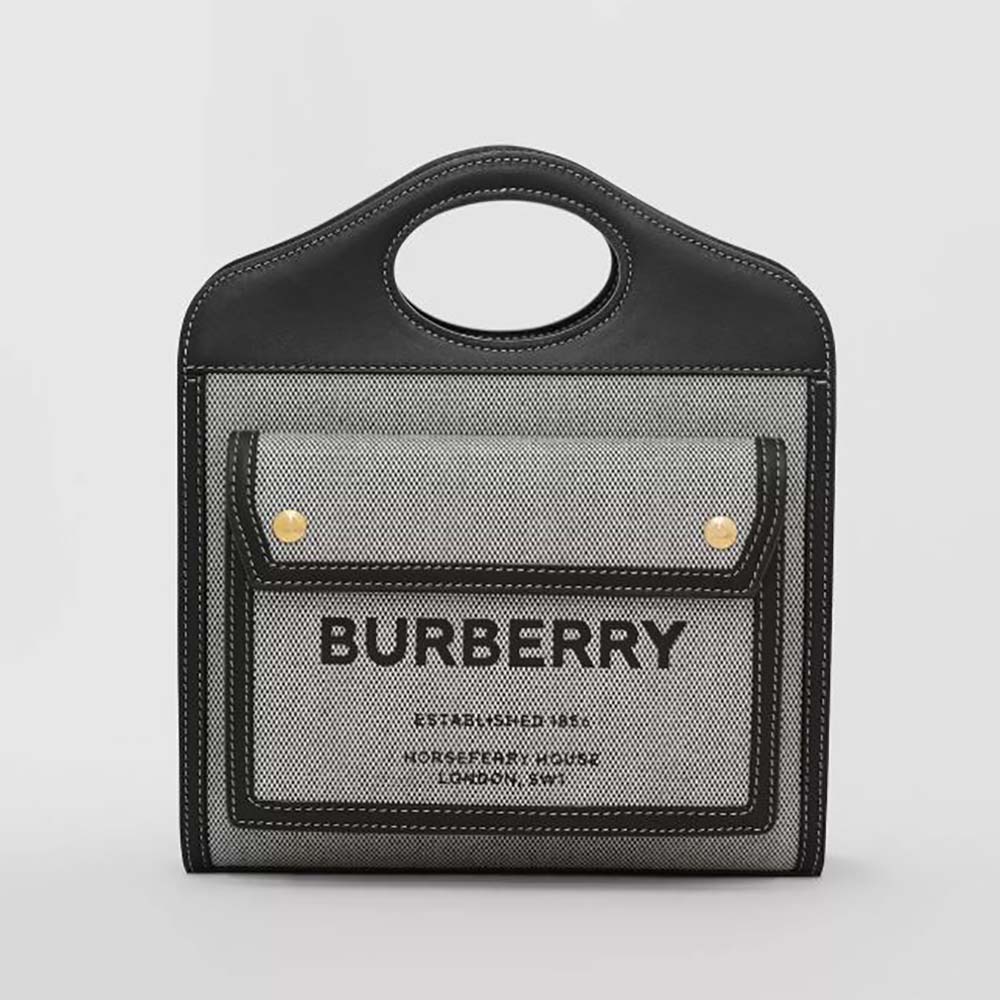 Front angle of Burberry Women Mini Tri-tone Canvas and Leather Pocket Bag