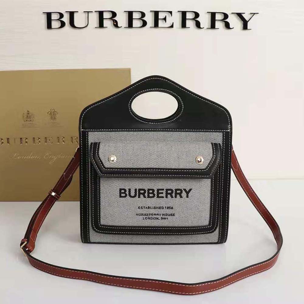 Close-up of gold-tone hardware on Burberry Mini Tri-tone Canvas Pocket Bag