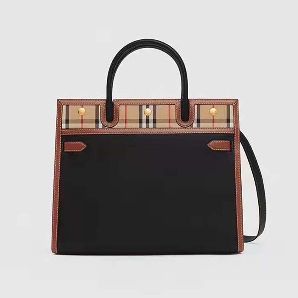 Front view of Burberry Women Mini Vintage Check Two-handle Title Bag-Black