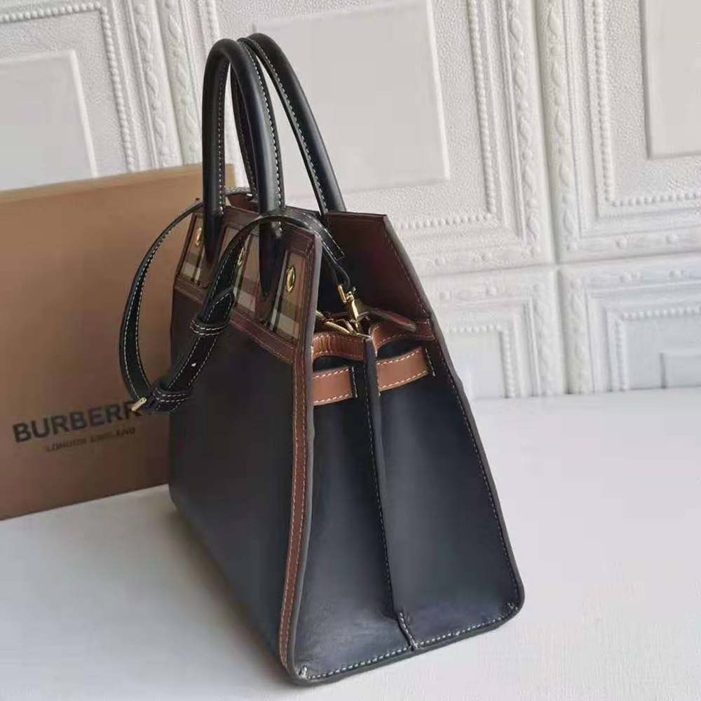 Side angle showing gold hardware on Burberry Women Mini Vintage Check Two-handle Title Bag-Black