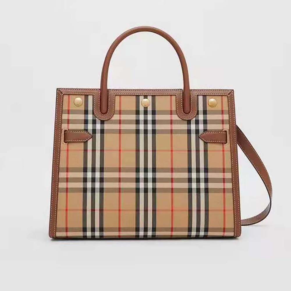 Front view of Burberry Women Mini Vintage Check Two-handle Title Bag-Brown