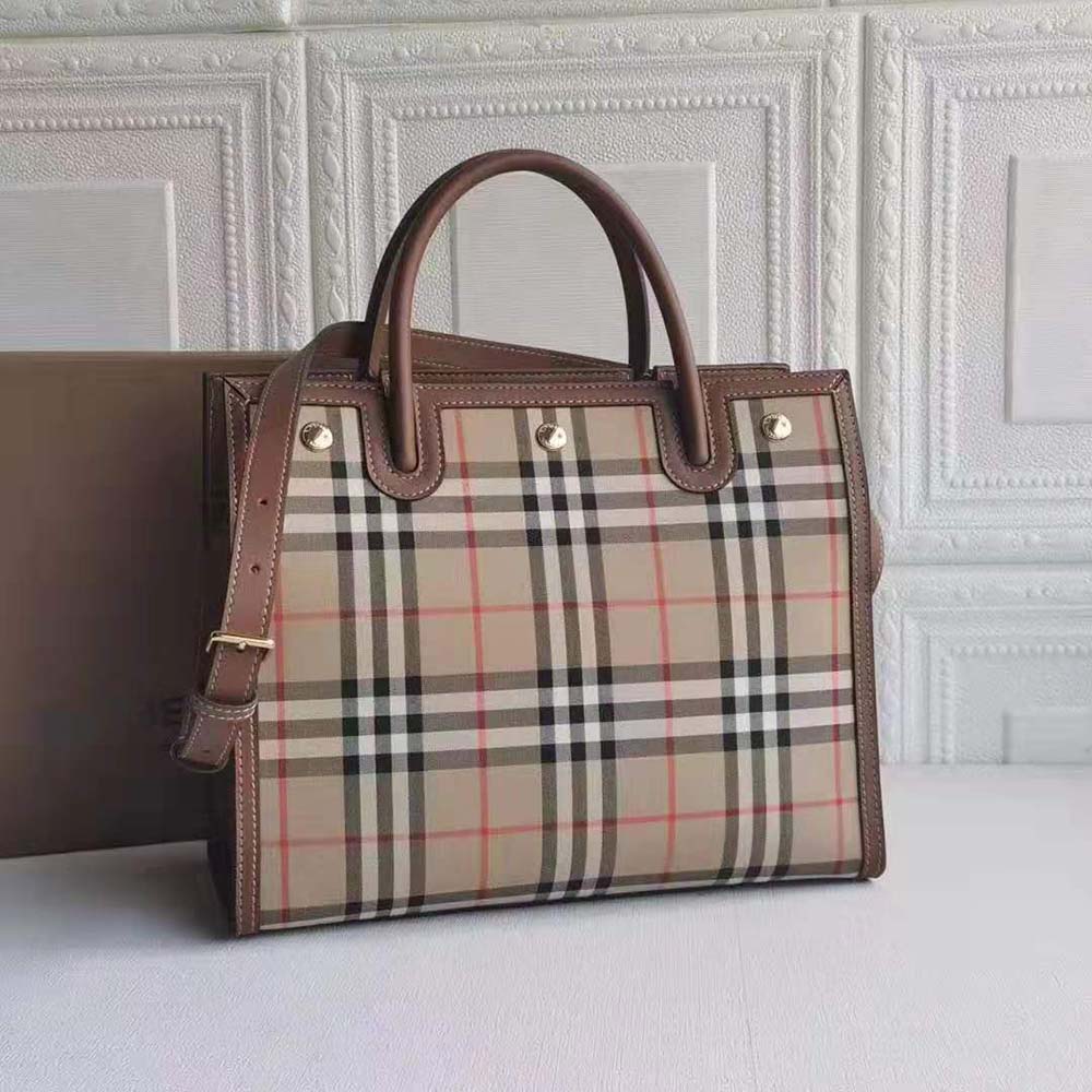Side angle showing structure of Burberry Women Mini Vintage Check Two-handle Title Bag-Brown