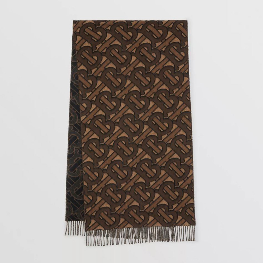 Front view of Burberry Women Monogram Cashmere Jacquard Scarf-Brown neatly folded