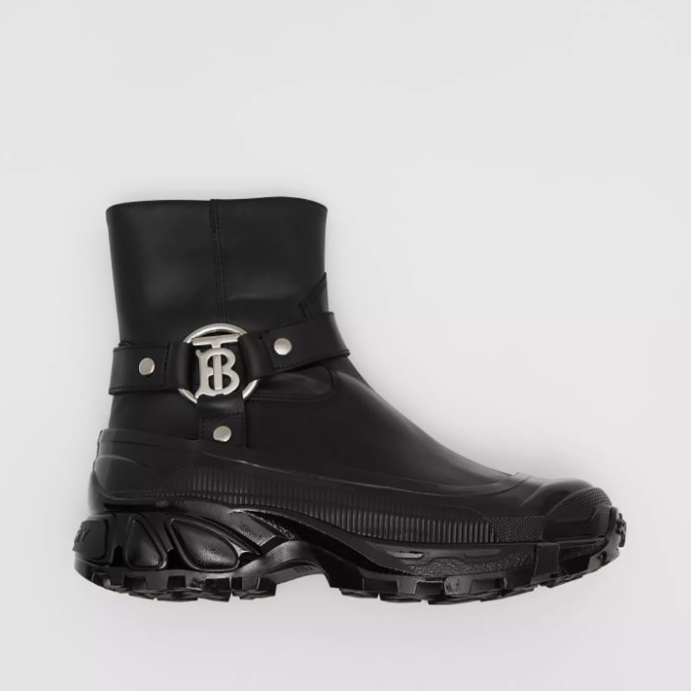 Side profile of Burberry Women Monogram Motif Buckle Leather Boots-Black