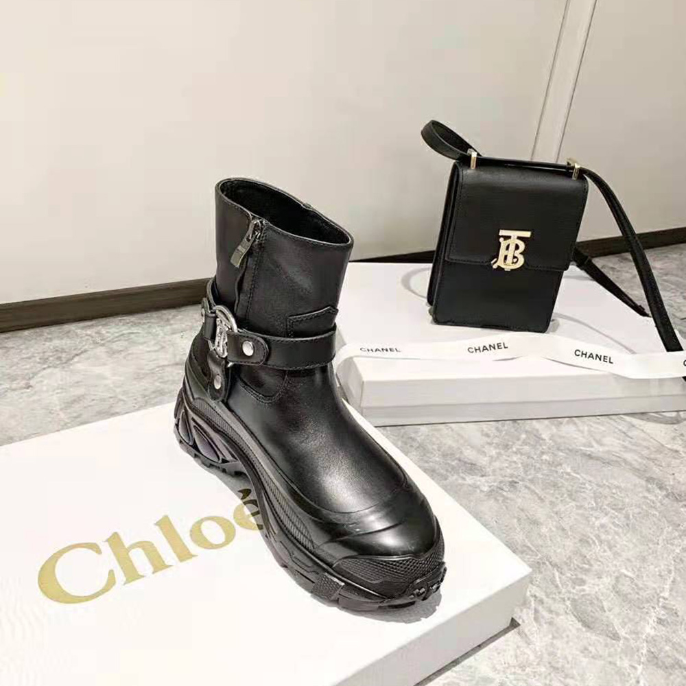 Burberry Women Monogram Motif Buckle Leather Boots-Black - image 9