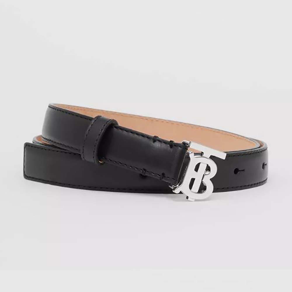 Front view of Burberry Women Monogram Motif Leather Belt-Black showing buckle