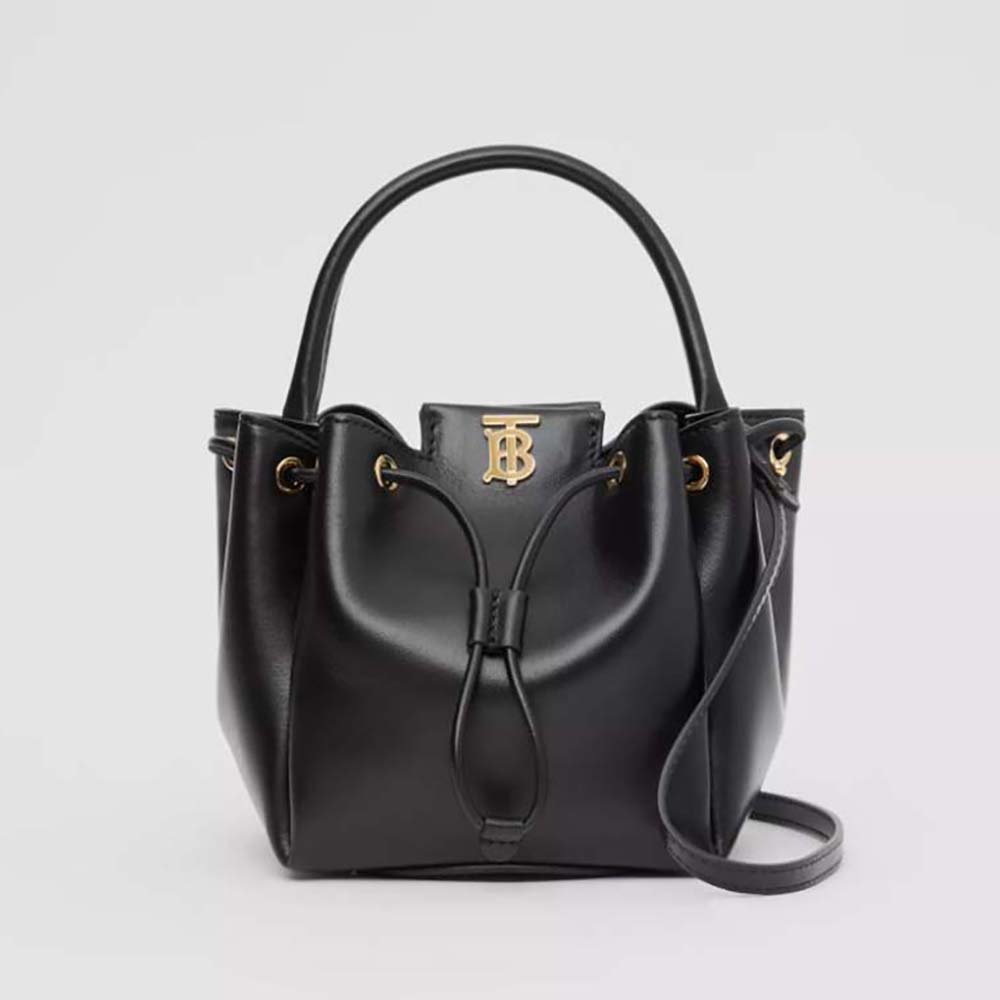 Front view of Burberry Women Monogram Motif Leather Bucket Bag-Black