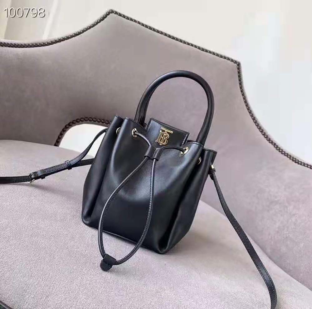 Side angle showing drawstring closure on Burberry bucket bag