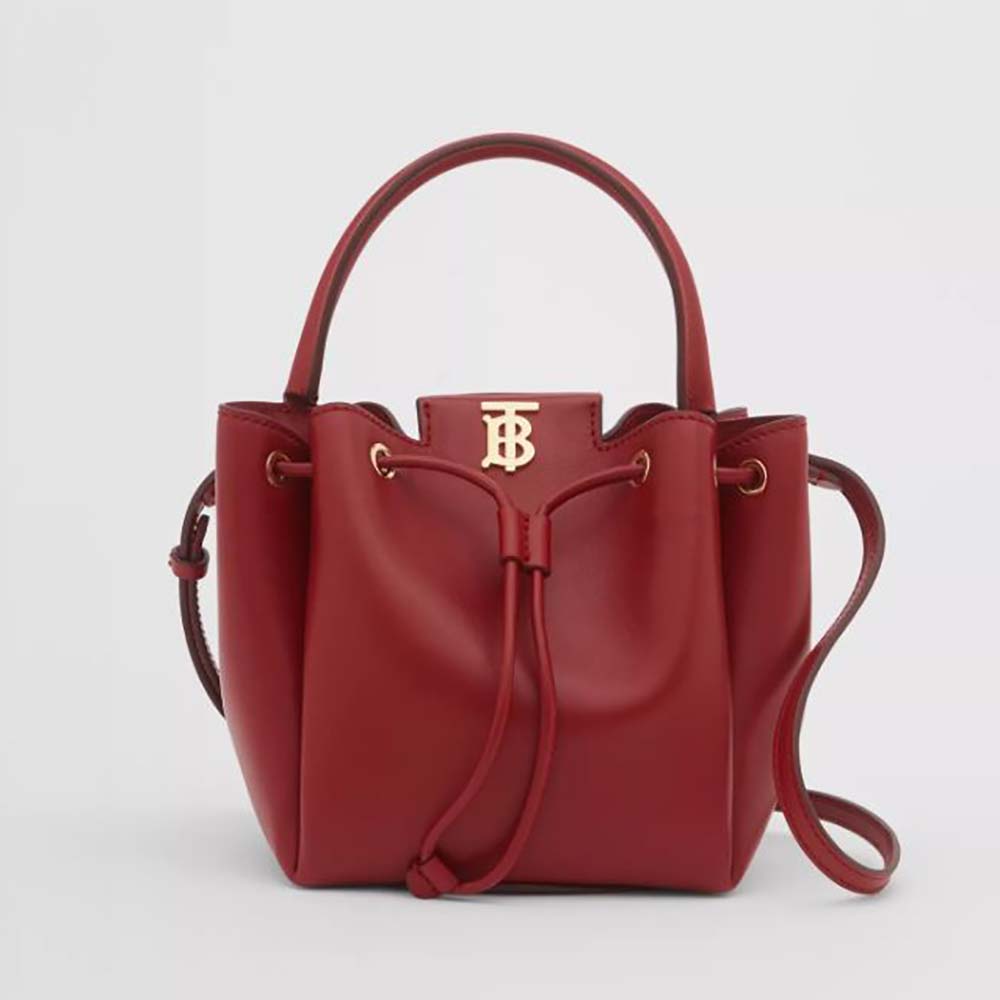 Front view of Burberry Women Monogram Motif Leather Bucket Bag-Red