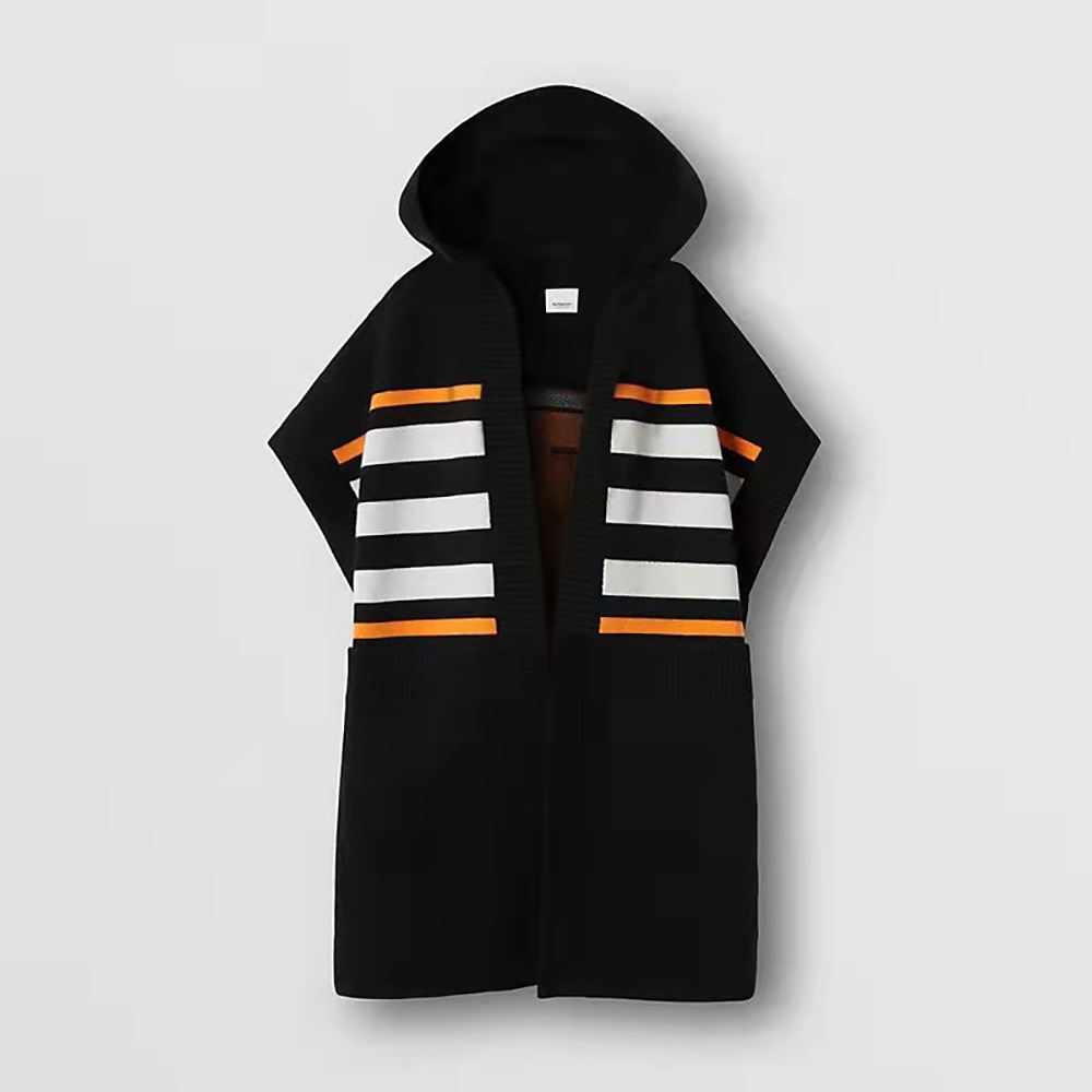 Front view of Burberry Women Monogram Motif Lntarsia Wool Cashmere Blend Cape-Black