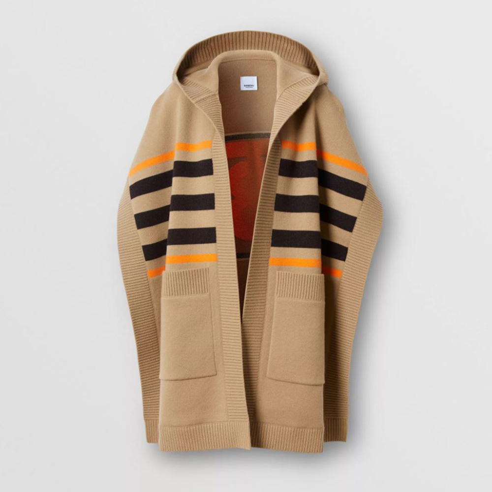 Front view of Burberry Women Monogram Motif Lntarsia Wool Cashmere Blend Cape-Brown