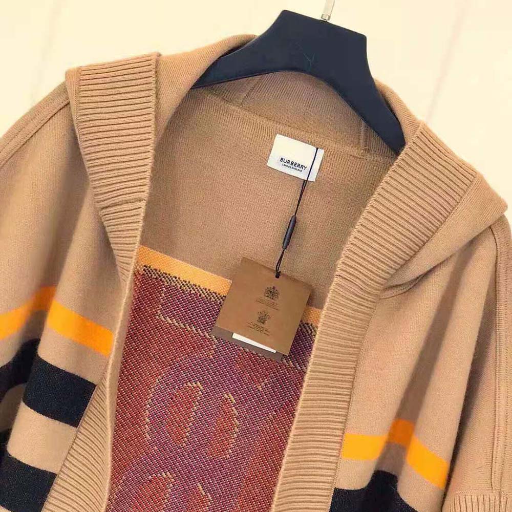 Burberry Women Monogram Motif Lntarsia Wool Cashmere Blend Cape-Brown - image 4