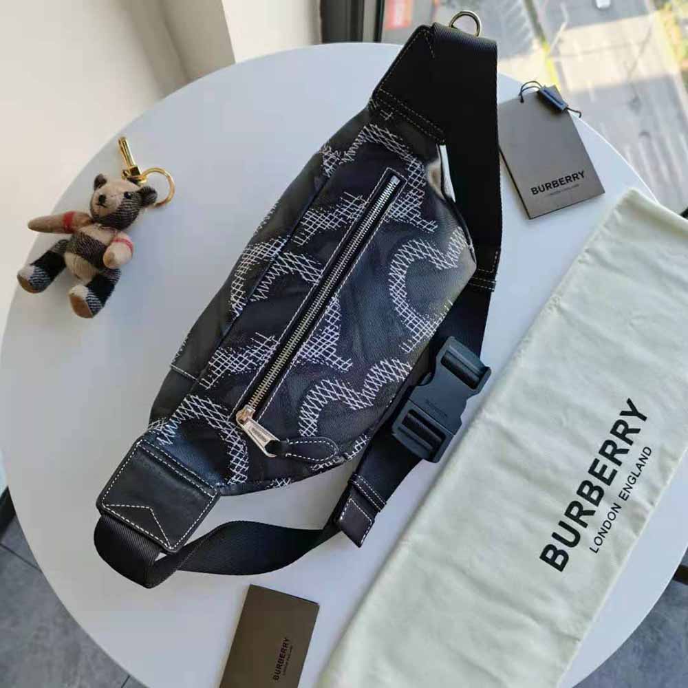 Side angle showing adjustable strap on Burberry Women Monogram Print Sonny Bum Bag