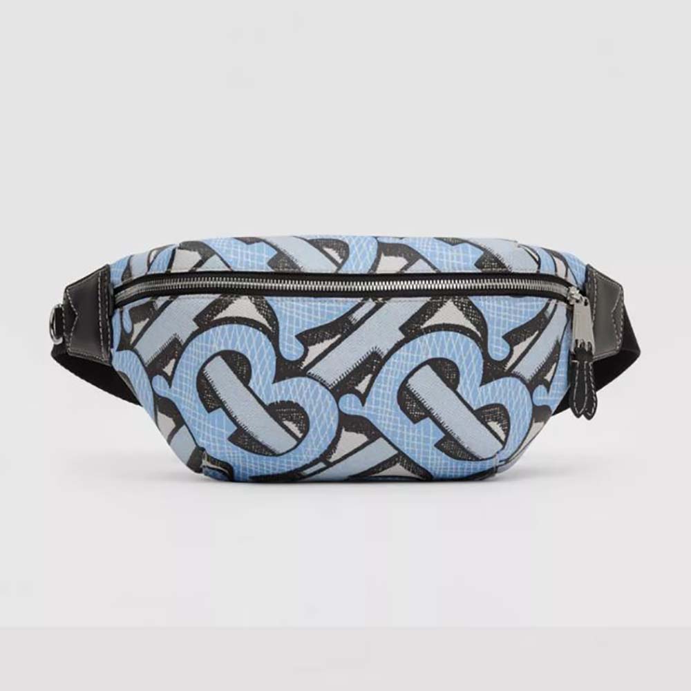 Front view of Burberry Women Monogram Print E-canvas Sonny Bum Bag-Blue