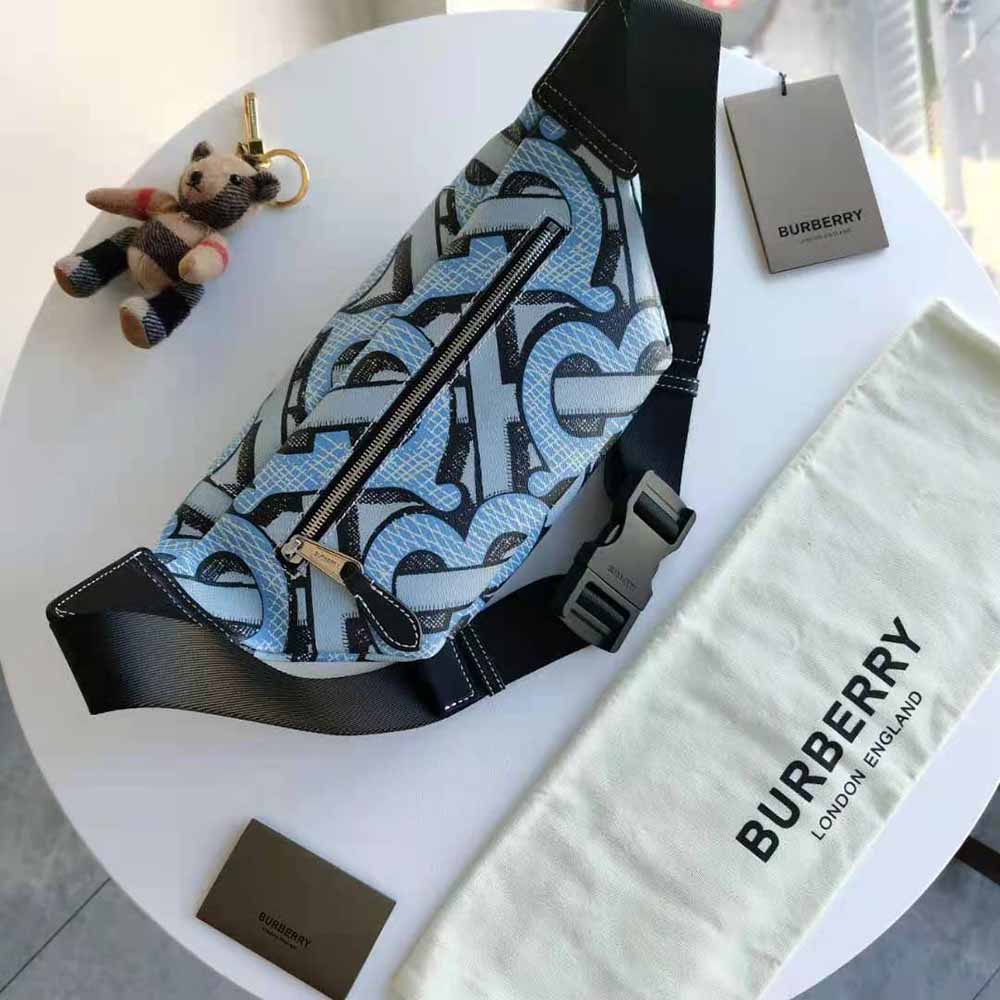 Side angle showing adjustable strap on Burberry Sonny Bum Bag-Blue