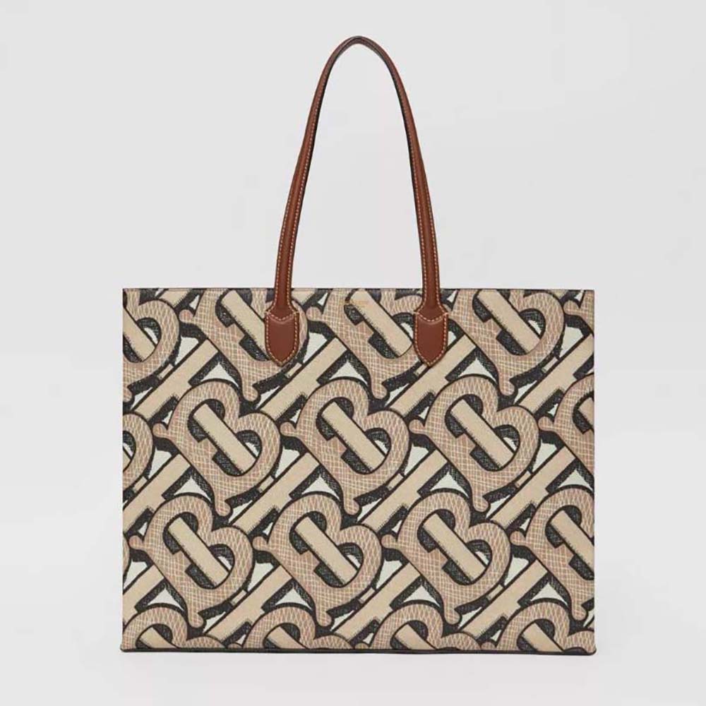 Front view of Burberry Women Monogram Print E-canvas Tote Bag-Brown