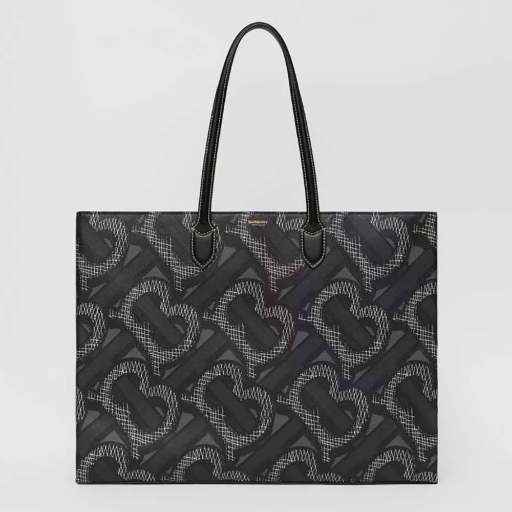 Front view of Burberry Women Monogram Print E-canvas Tote Bag-Black