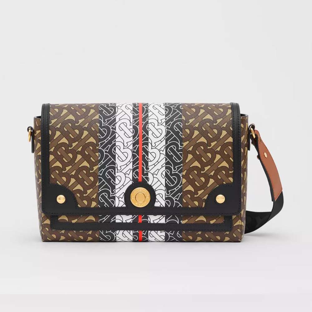 Front view of Burberry Women Monogram Stripe E-canvas Note Crossbody Bag