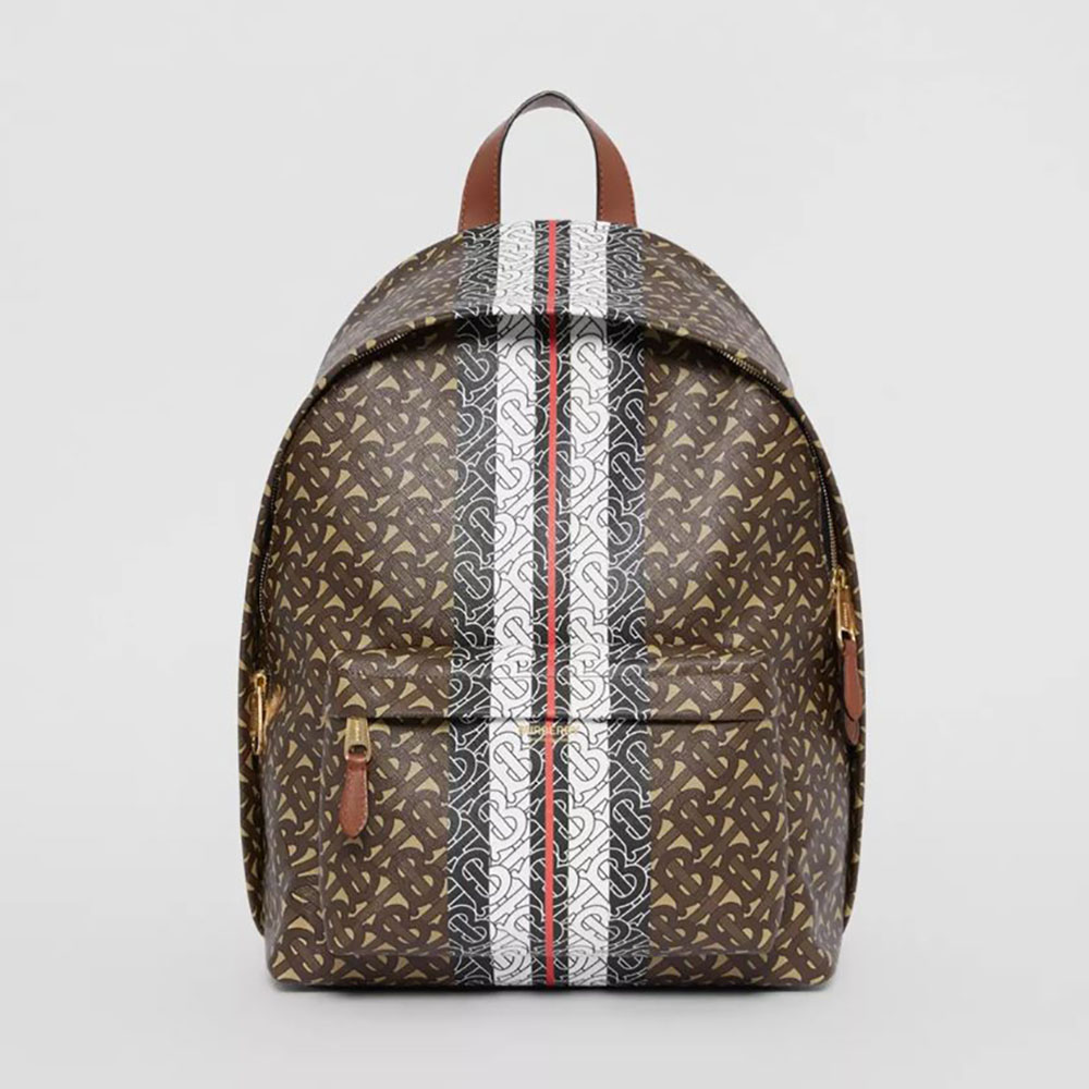 Front view of Burberry Women Monogram Stripe Print E-canvas Backpack in brown