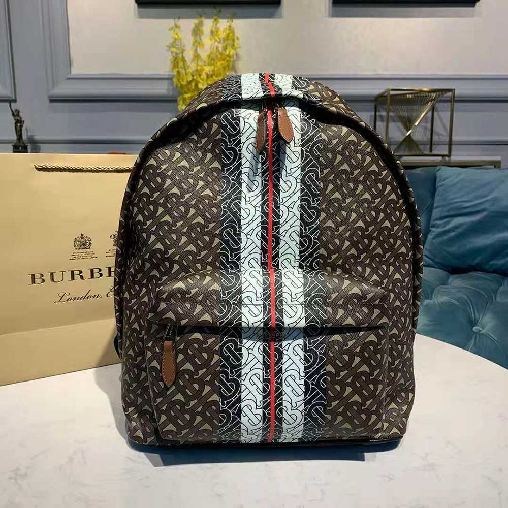 Close-up of Burberry monogram stripe detail on backpack fabric