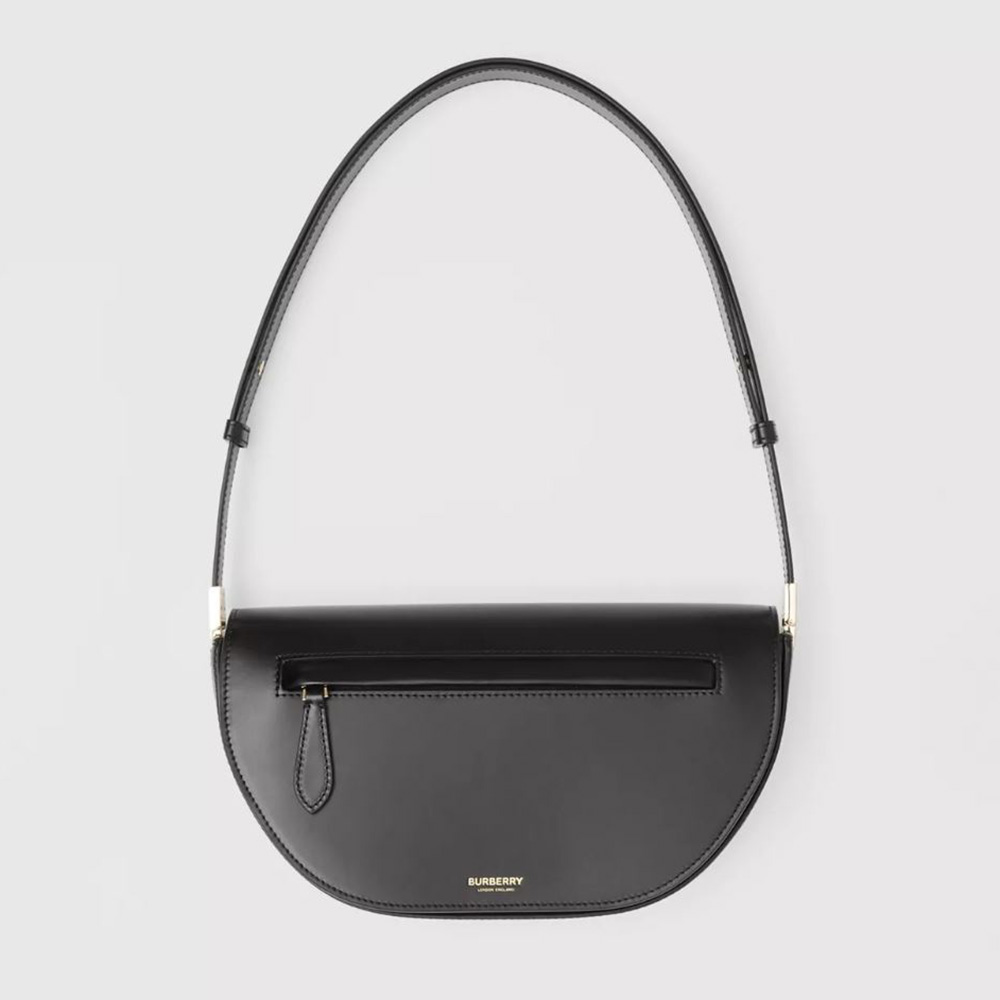 Front view of Burberry Women Small Leather Olympia Bag-Black with flap closed