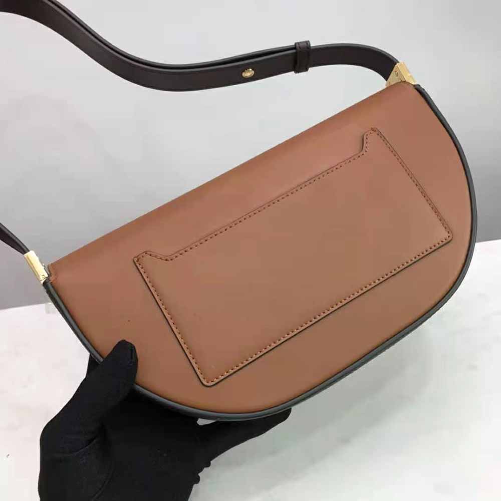 Side profile of Burberry Women Small Leather Olympia Shoulder Bag-Brown with strap