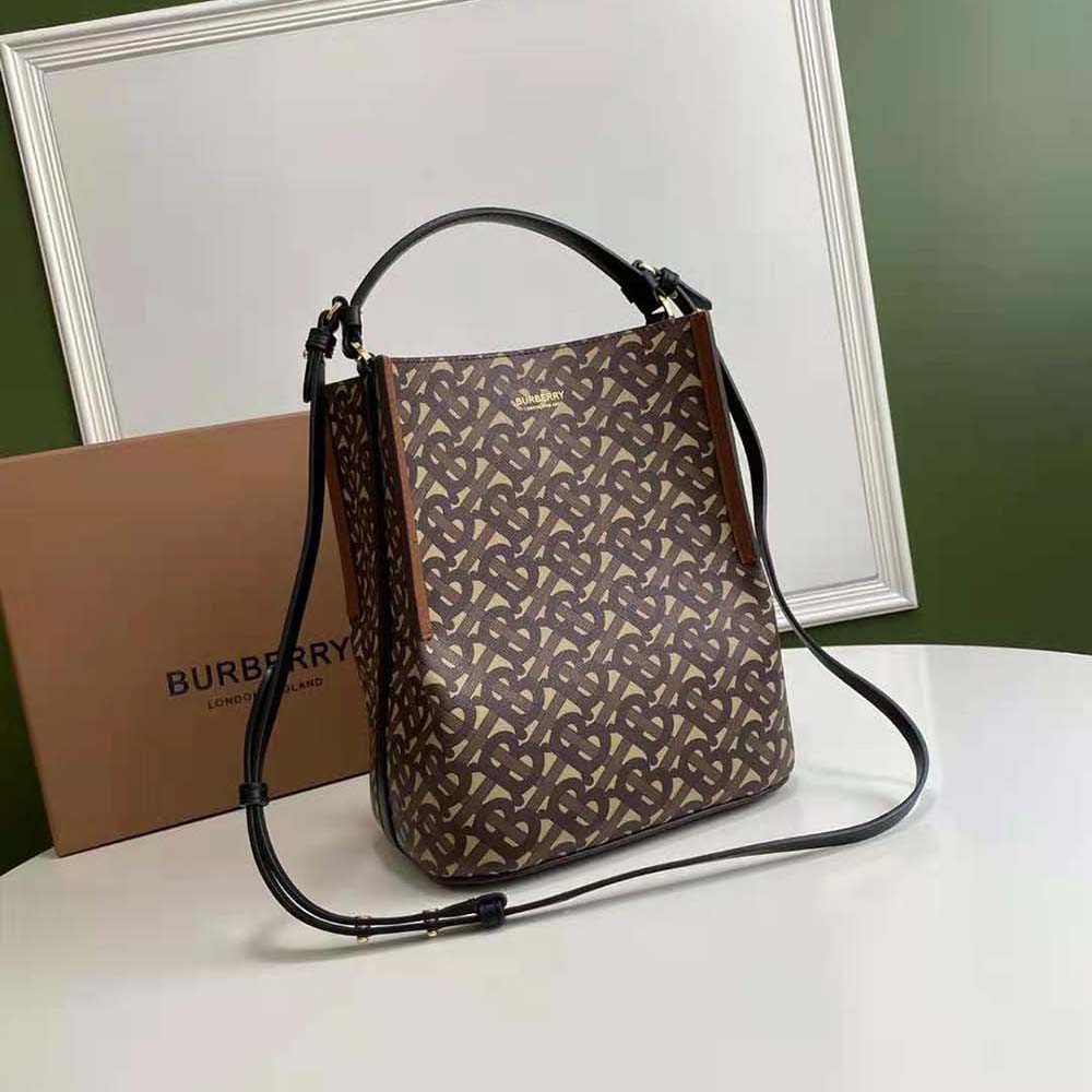 Side angle showing silhouette of Burberry Women Small Monogram Peggy Bucket Bag