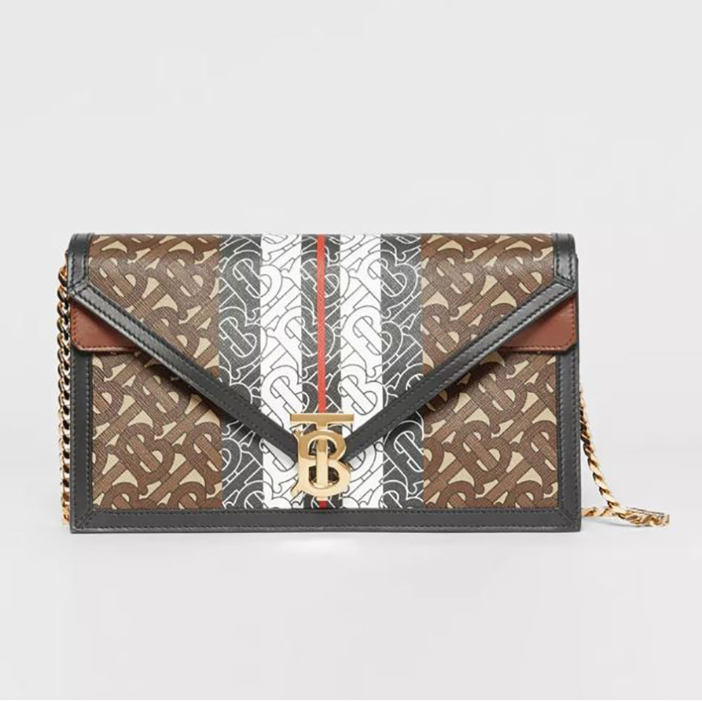 Front view of Burberry Women Small Monogram Stripe E-canvas TB Envelope Clutch