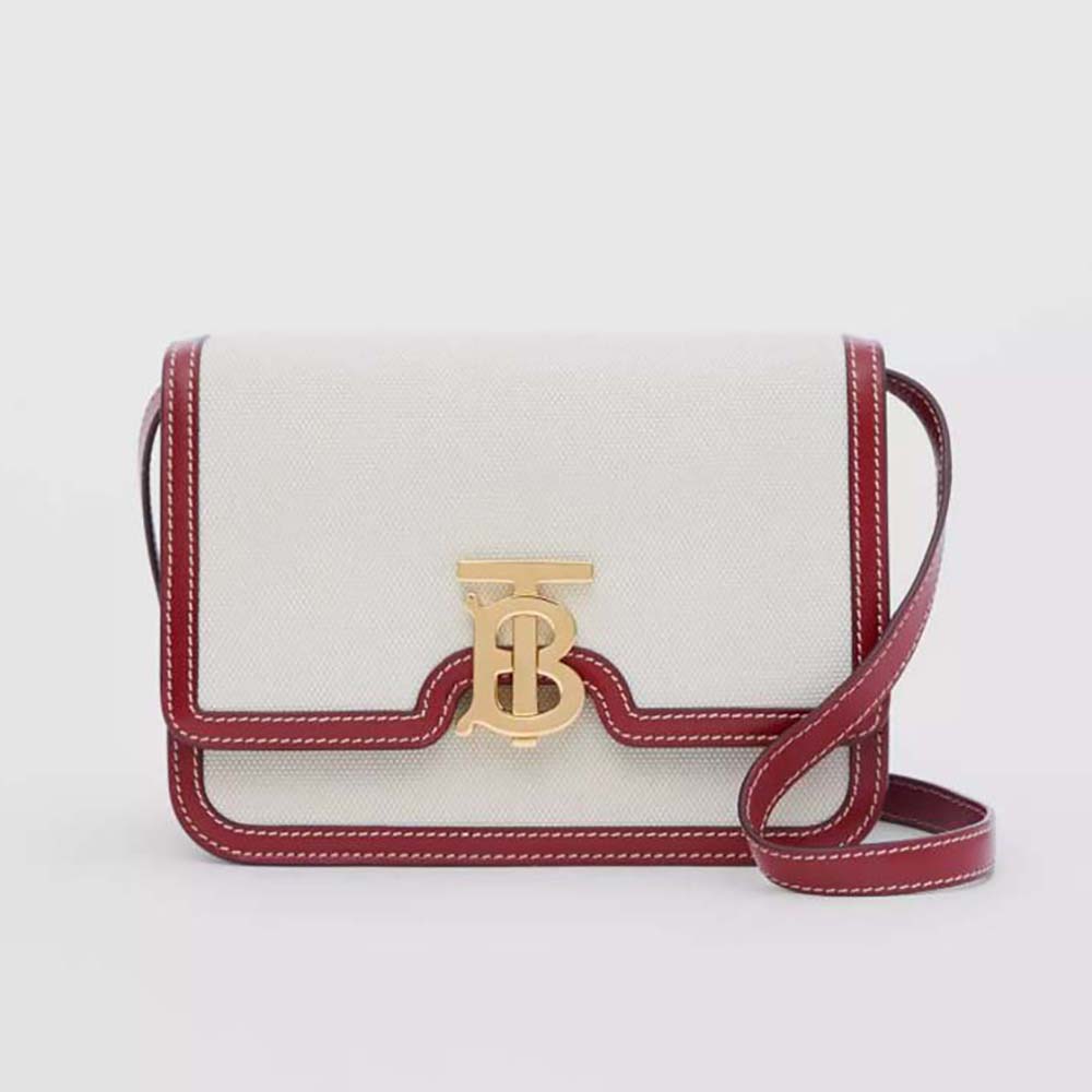 Front view of Burberry Women Small Two-tone Canvas and Leather TB Bag-Red