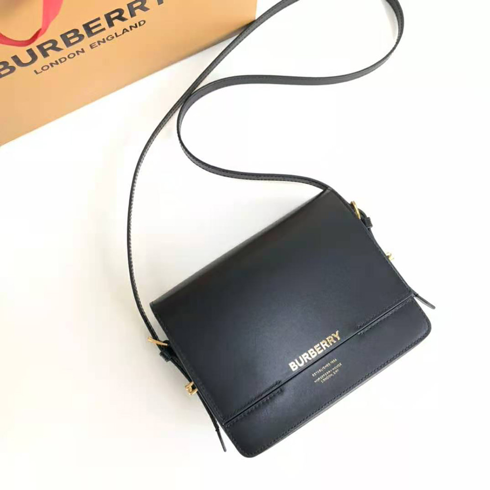 Close-up on gold-tone hardware of Burberry Women Small Two-tone Leather Grace Bag-Black