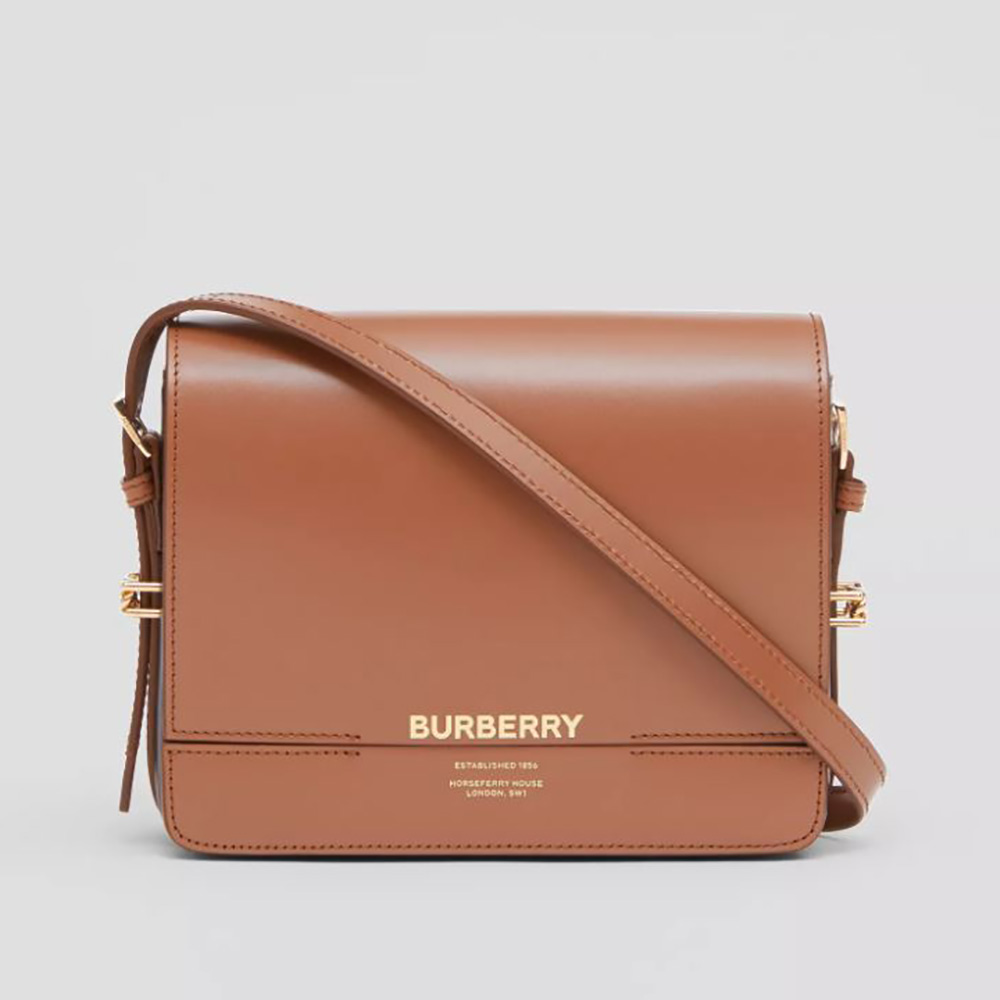 Front angle of Burberry Women Small Two-tone Leather Grace Bag-Brown showing clasp