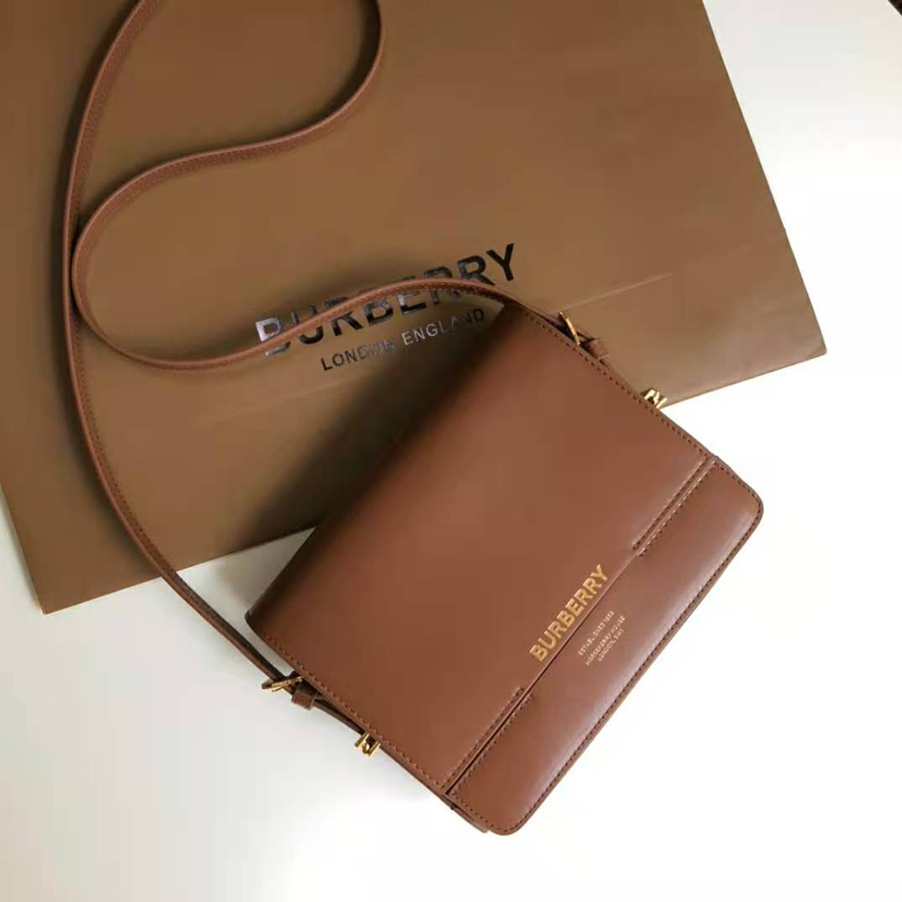 Close-up of gold embossed logo clasp on Burberry Women Small Two-tone Leather Grace Bag-Brown