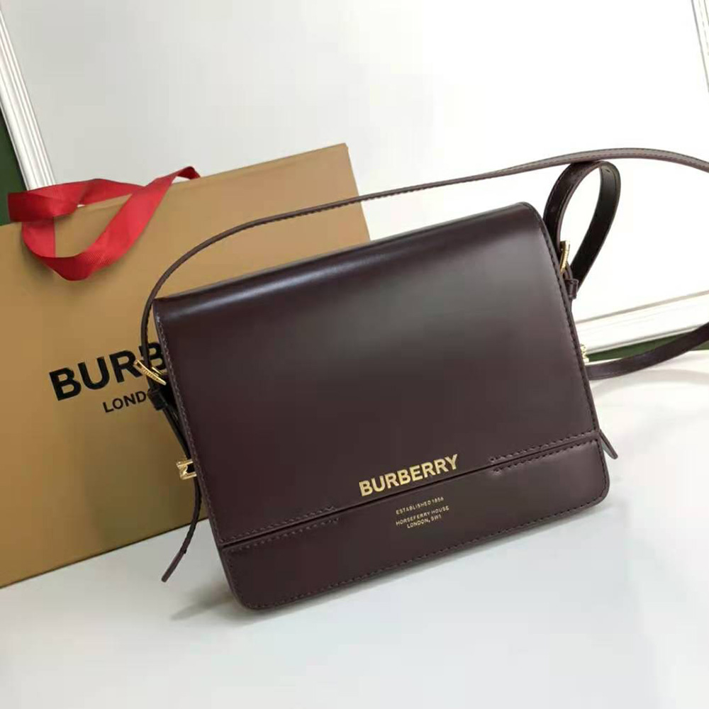 Close-up of gold-tone hardware on Burberry Women Small Two-tone Leather Grace Bag-Maroon