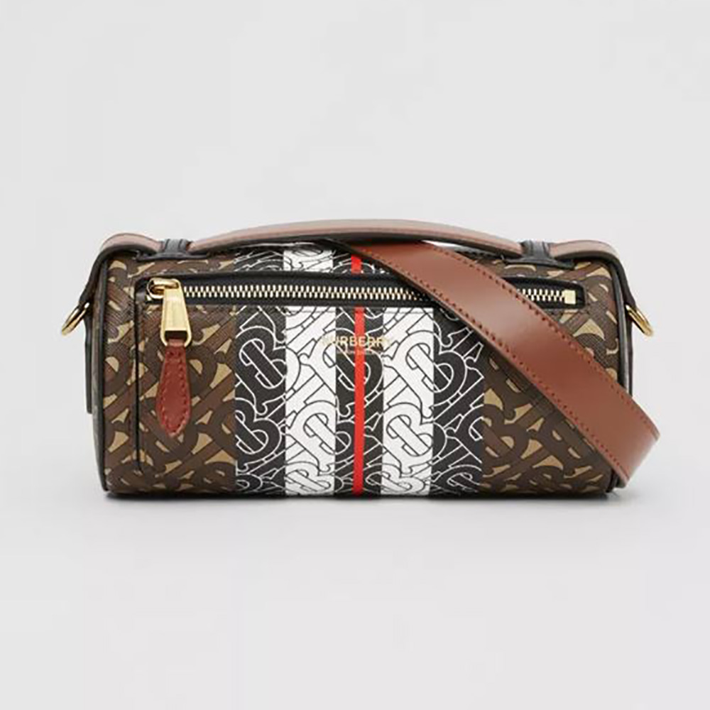 Front view of Burberry Women The Monogram Stripe E-canvas and Leather Barrel Bag